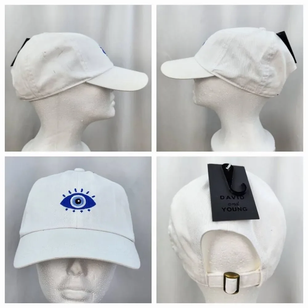 🔹️NWT David & Young White w/Blue Embroidered Evil Eye Hat One Size